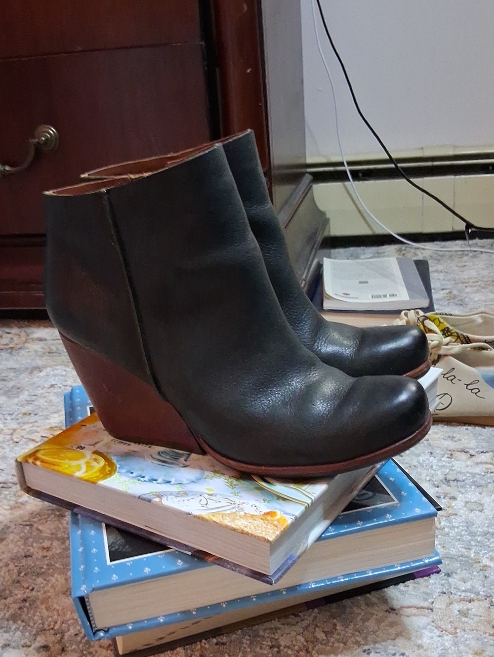 Kork-Ease, Women's Navy Blue Leather Wedge Ankle Boots